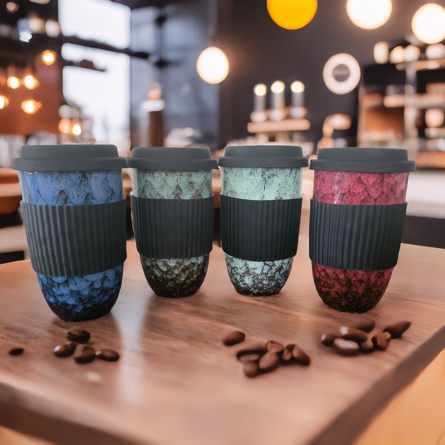 Lariwo Koffie 2 go mokken met siliconen grip band en afsluitbare deksel