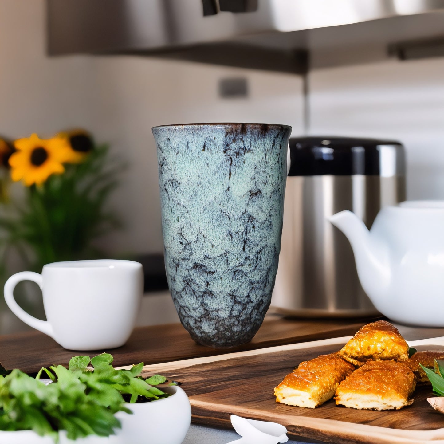 Lariwo koffie 2 go mok cyaan op de eet tafel