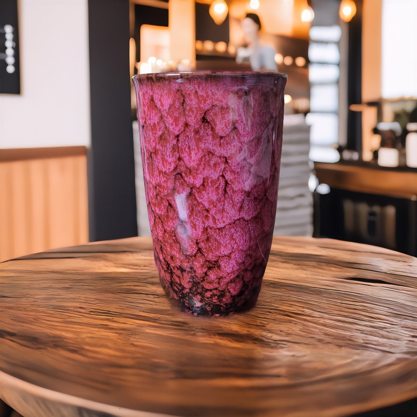 Lariwo koffie 2 go mok rood op een koffie tafeltje in een cafe