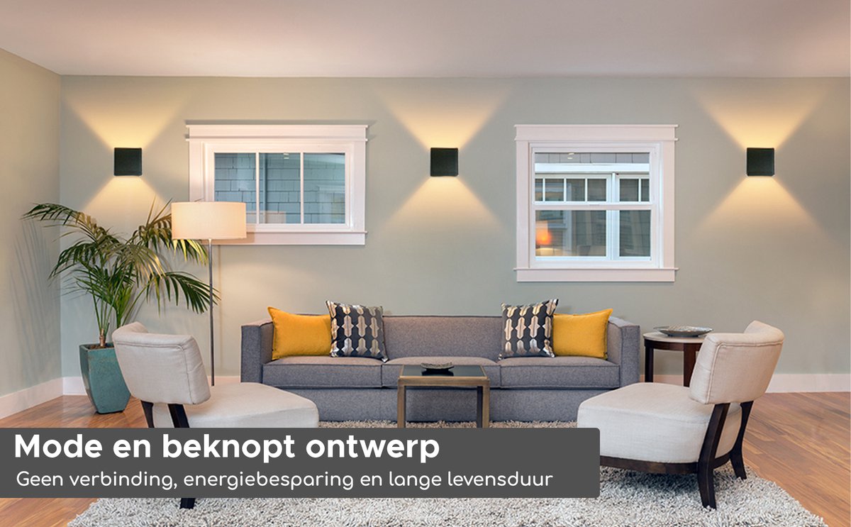detail van de woonkamer verlicht met de Lariwo wandlamp