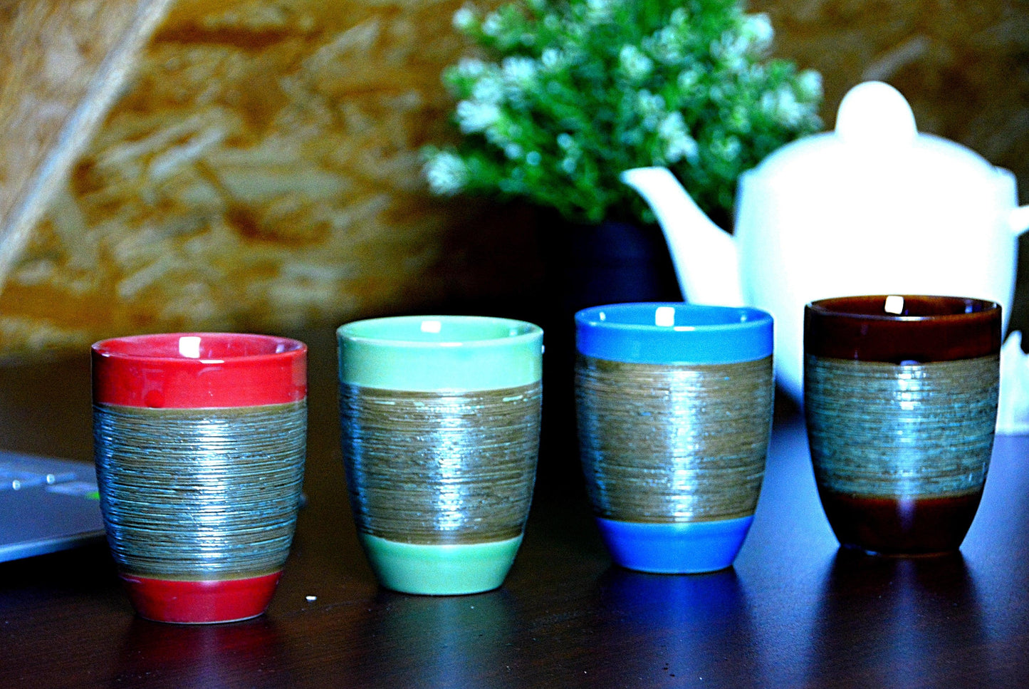 Set van 4 Simple Solutions Koffie Kopje Zonder Oor met Streep - Keramiek - Cadeau - Feestdagen - Thee - 200ml - Lariwo