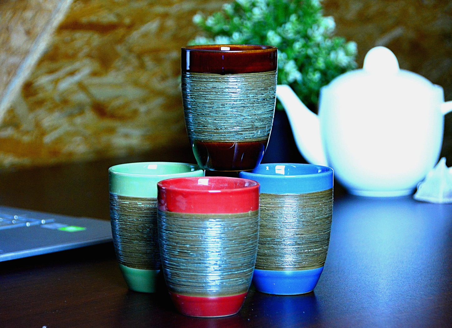 Set van 4 Simple Solutions Koffie Kopje Zonder Oor met Streep - Keramiek - Cadeau - Feestdagen - Thee - 200ml - Lariwo