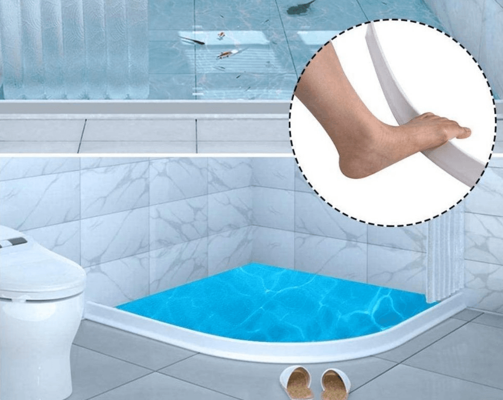 Siliconen waterkering hoog model in situatie in een badkamer zodat het water tegen word gehouden