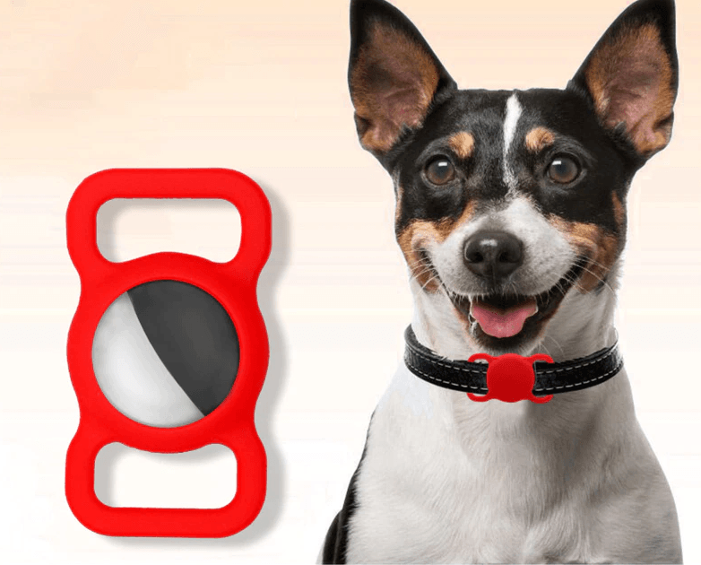 honden halsband met rode apple airtag houder